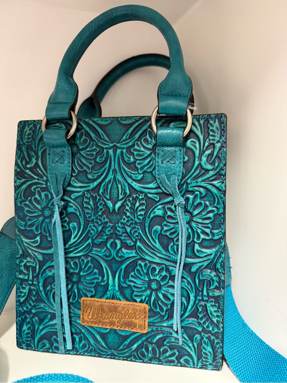 Wrangler Turquoise Leather Tooled Floral Purse Mini Tote Crossbody Cowgirl Retro - Picture 3 of 4